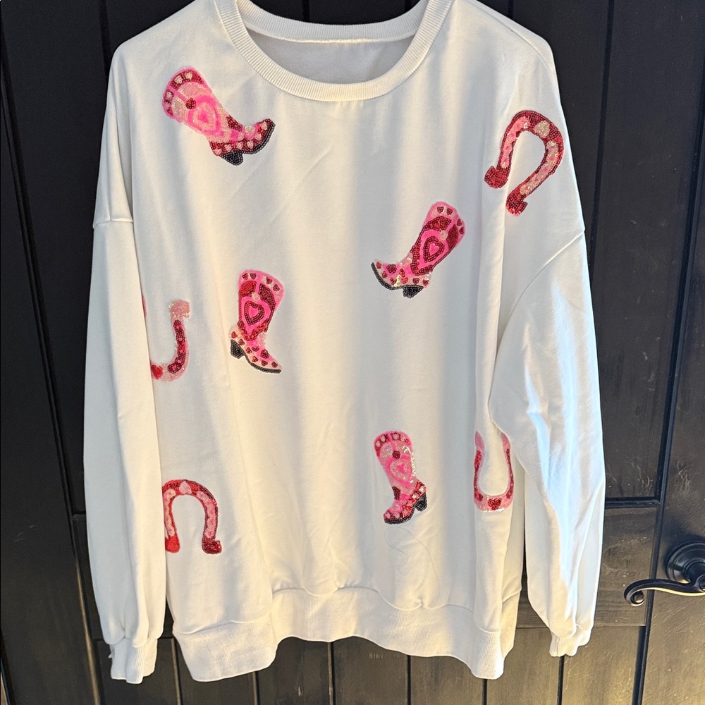 BiBi White Western Valentine Sequin Sweater with Pink Boot Design - Picture 4 of 12